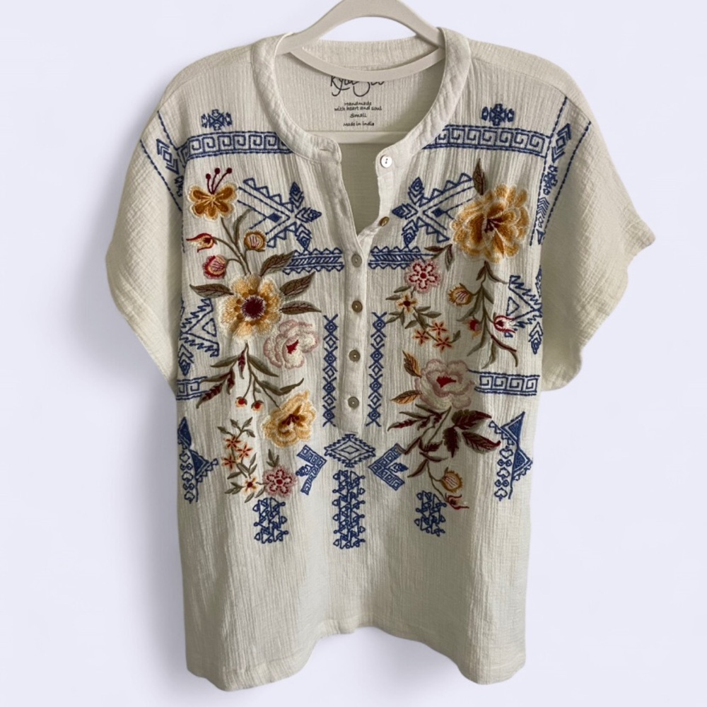 Floral Embroidered Button-Up Blouse - Cream and Blue